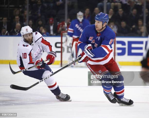 Cody McLeod of the New York Rangers skates against the Washington Capitals at Madison Square Garden on March 26, 2018 in New York City. The Capitals...