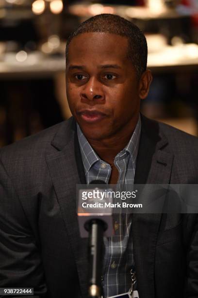 Denver Broncos head coach Vance Joseph answers questions during the AFC & NFC coaches breakfast at the 2018 NFL Annual Meetings at the Ritz Carlton...