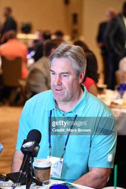 Philadelphia Eagles head coach Doug Pederson answers questions during the AFC & NFC coaches breakfast at the 2018 NFL Annual Meetings at the Ritz...