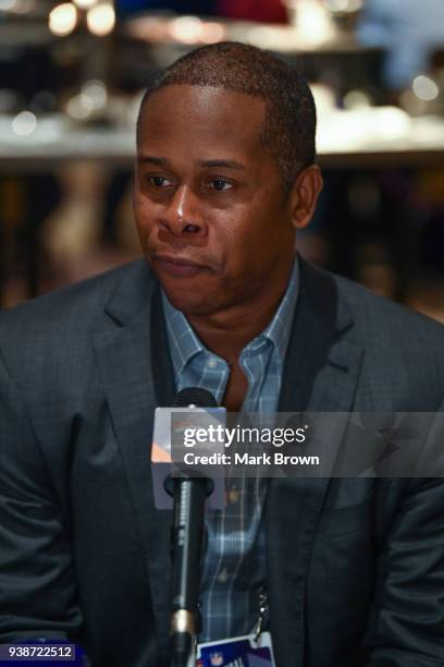 Denver Broncos head coach Vance Joseph answers questions during the AFC & NFC coaches breakfast at the 2018 NFL Annual Meetings at the Ritz Carlton...