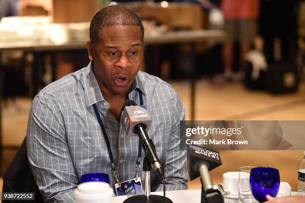 Denver Broncos head coach Vance Joseph answers questions during the AFC & NFC coaches breakfast at the 2018 NFL Annual Meetings at the Ritz Carlton...