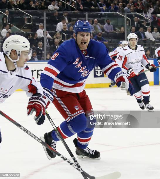 Cody McLeod of the New York Rangers skates against the Washington Capitals at Madison Square Garden on March 26, 2018 in New York City. The Capitals...