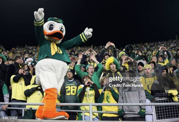 Oregon Ducks mascot Puddles cheers after his team's 33-37 victory over the Oregon State Beavers after the game at Autzen Stadium on December 3, 2009...