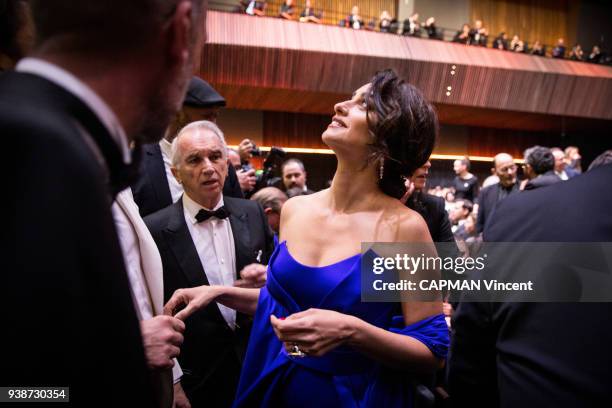 Cinema: the 43rd ceremony of the Cesars 2018 at the Salle Pleyel in Paris on March 2, 2018. The Spanish actress Penelope Cruz in Versace dress and...