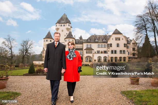 Grand Duke Henri of Luxembourg with his wife Maria Teresa are photographed for Paris Match in the grounds of Castle Colmarberg on March 09, 2018 in...