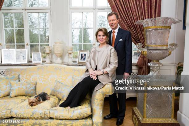 Grand Duke Henri of Luxembourg with his wife Maria Teresa are photographed for Paris Match in the Acajou living room of Castle Colmarberg on March...