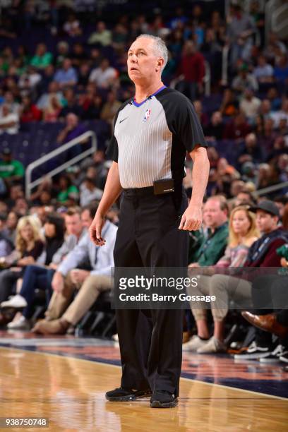 Referee, Jason Phillips looks on during the Boston Celtics game against the Phoenix Suns on March 26, 2018 at Talking Stick Resort Arena in Phoenix,...
