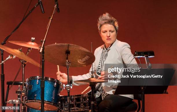 American jazz drummer Allison Miller performs with the Woman to Woman Band at Kaufmann Concert Hall at the 92nd Street Y, New York, New York, Friday,...
