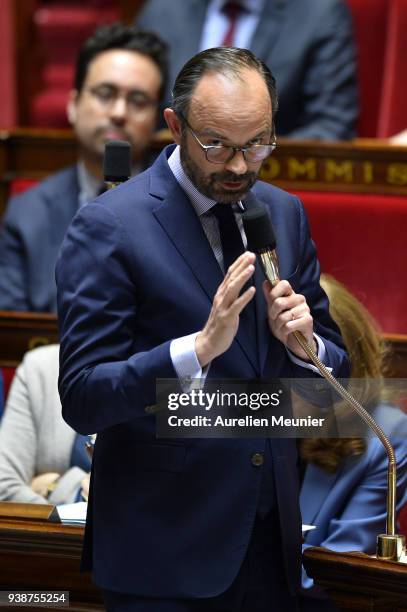 French Prime Minister Edouard Philippe answers deputies during the weekly session of questions to the government at Assemblee Nationale on March 27,...