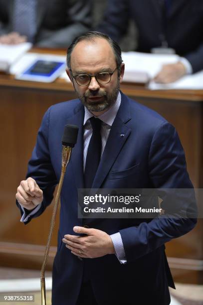 French Prime Minister Edouard Philippe answers deputies during the weekly session of questions to the government at Assemblee Nationale on March 27,...