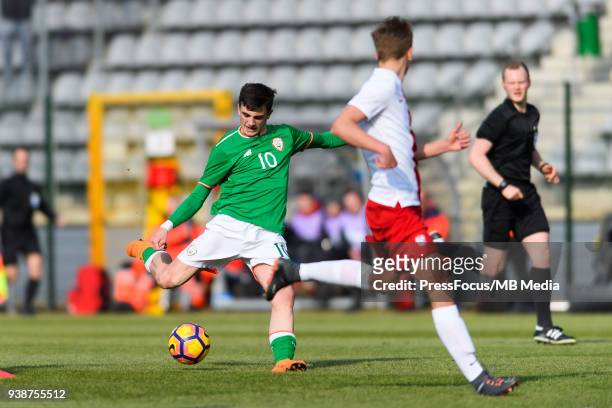 Troy Parrot of Republic of Ireland takes a shot on goal during UEFA Under-17 Championship Elite Round Group 3 match between Poland and Republic of...
