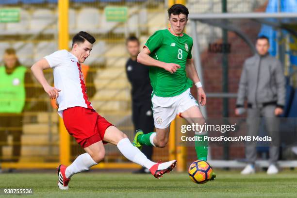 Wiktor Plesnierowicz of Poland passes the ball next to Barry Coffey of Republic of Ireland during UEFA Under-17 Championship Elite Round Group 3...