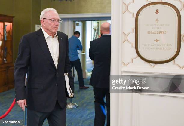 Dallas Cowboys owner Jerry Jones heads to a meeting at the 2018 NFL Annual Meetings at the Ritz Carlton Orlando, Great Lakes on March 27, 2018 in...