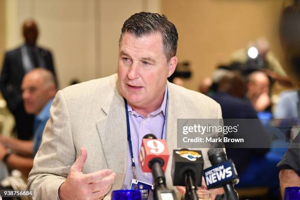 Jacksonville Jaguars head coach Doug Marrone answers questions during the AFC & NFC coaches breakfast at the 2018 NFL Annual Meetings at the Ritz...