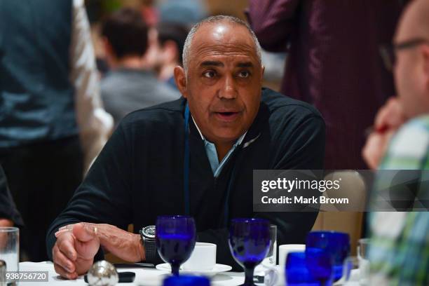 Cinncinati Bengals head coach Marvin Lewis answers questions during the AFC & NFC coaches breakfast at the 2018 NFL Annual Meetings at the Ritz...
