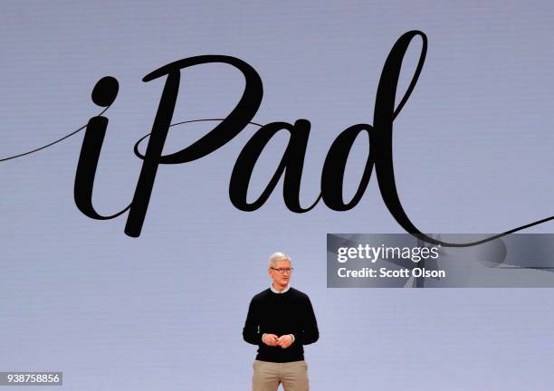 Apple CEO Tim Cook introduces Apple's new iPad during an event at Lane Tech College Prep High School on March 27, 2018 in Chicago, Illinois. The...