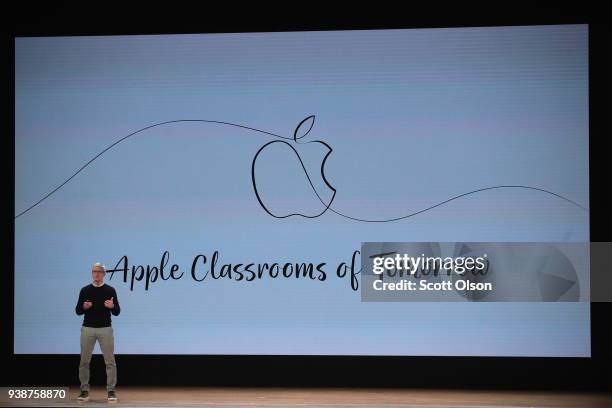 Apple CEO Tim Cook introduces Apple's new iPad during an event at Lane Tech College Prep High School on March 27, 2018 in Chicago, Illinois. The...