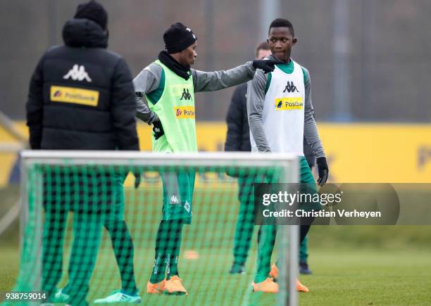 Player on trial Lassana N'Diaye and Ibrahima Traore of Borussia Moenchengladbach during a training session of Borussia Moenchengladbach at...