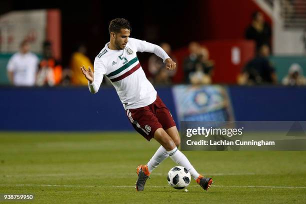 Diego Reyes of Mexico controls the ball against Iceland at Levi's Stadium on March 23, 2018 in Santa Clara, California.