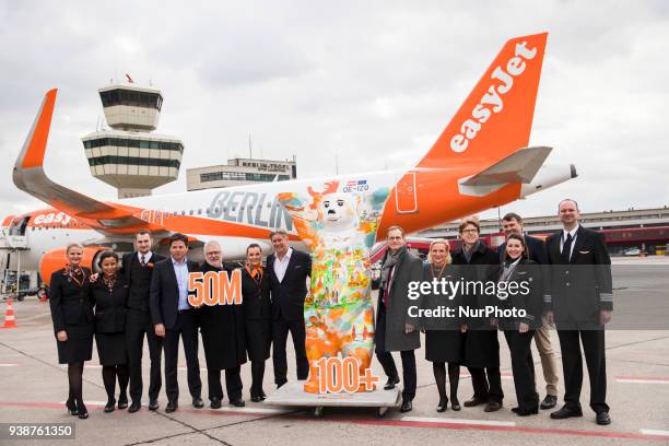 Cabin crew and EasyJet Country Director for Germany Thomas Haagensen , Brandeburg Sate Secretary and Berlin-Brandenburg Airport Coordinator Rainer...