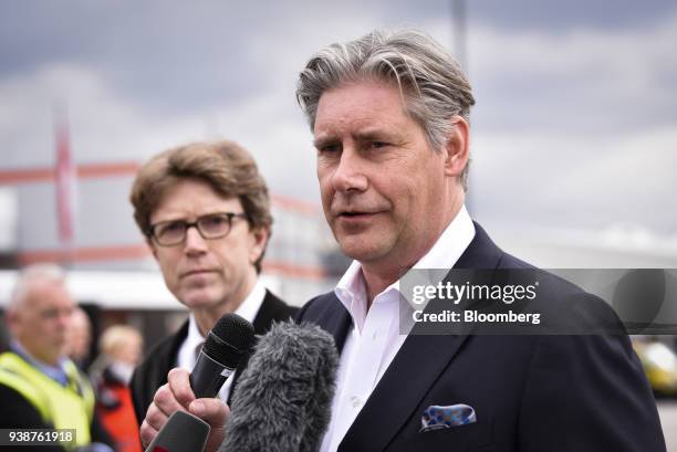 Johan Lundgren, chief executive officer of Easyjet Plc, speaks to the media on the tarmac as the budget airline announces a new summer flight...