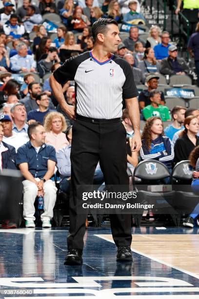 Referee, Zach Zarba looks on during the Utah Jazz game against the Dallas Mavericks on March 22, 2018 at the American Airlines Center in Dallas,...