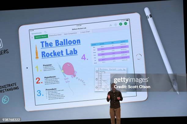 Greg Joswiak, vice president of product marketing at Apple, talks about the new iPad during an event at Lane Tech College Prep High School on March...