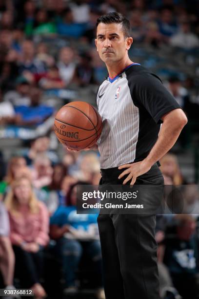 Referee, Zach Zarba looks on during the Utah Jazz game against the Dallas Mavericks on March 22, 2018 at the American Airlines Center in Dallas,...