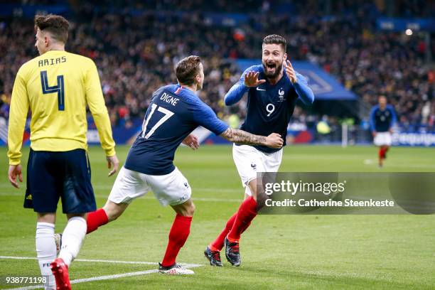 Olivier Giroud of France celebrates his goal with Lucas Digne during the international friendly match between France and Colombia at Stade de France...