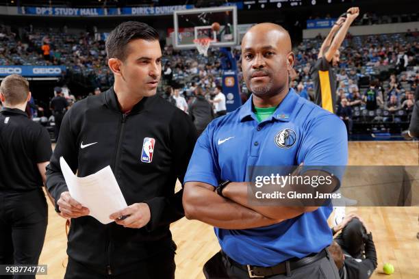 Referee, Zach Zarba talks with Dionne Calhoun of the Dallas Mavericks before the game against the Utah Jazz on March 22, 2018 at the American...