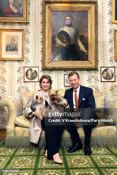 Grand Duke Henri of Luxembourg with his wife Maria Teresa are photographed for Paris Match in Castle Colmarberg on March 09, 2018 in Colmarberg,...