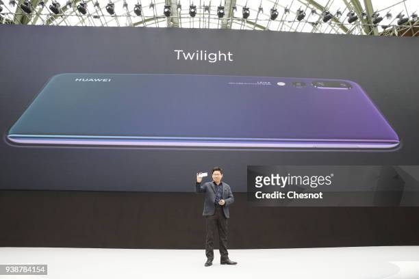Huawei Consumer Business Group's CEO, Richard Yu, attends the launch of the new Huawei P20 smartphone, the new generation smartphones of the Chinese...