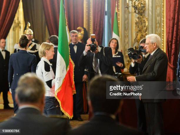 Sergio Mattarella and Arianna Fontana during ceremony of the return of the Italian flag by the athletes who participated in the Olympics Winter and...