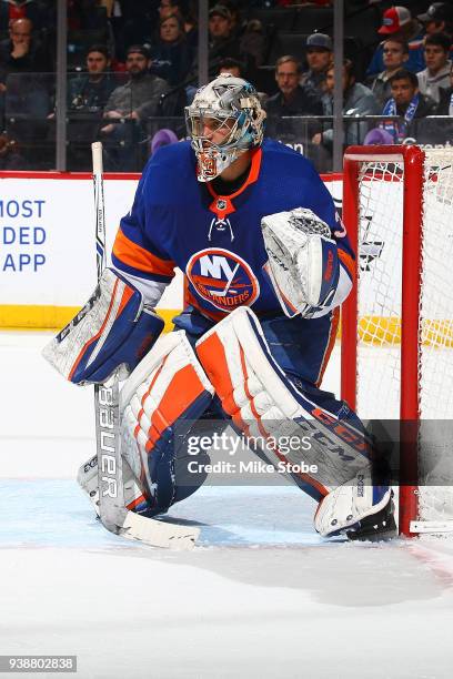 Christopher Gibson of the New York Islanders skates against the Florida Panthers at Barclays Center on March 26, 2018 in New York City. Florida...