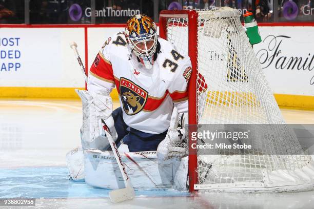 James Reimer of the Florida Panthers skates against the New York Islanders at Barclays Center on March 26, 2018 in New York City. Florida Panthers...