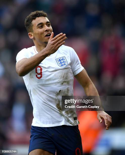 Dominic Calvert-Lewin of England celebrates scoring the opening goal past Andriy Lunin of Ukraine during the U21 European Championship Qualifier...