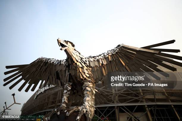 General view of the Ferencvaros eagle sculpture outside the Groupama Arena home of the The Green Eagles before the international friendly match at...