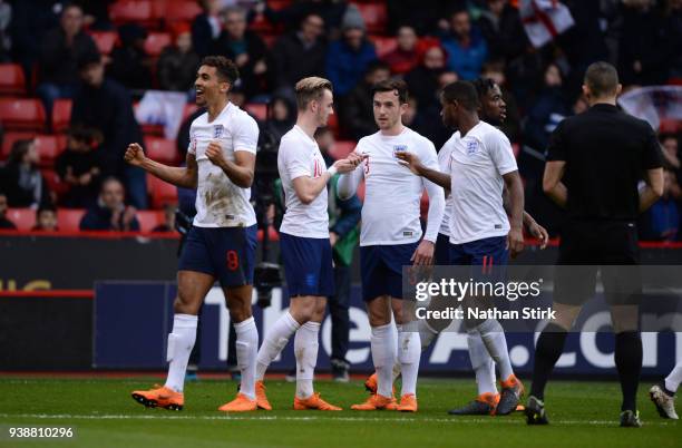 Dominic Calvert-Lewin of England U21 celebrates after scoring during the U21 European Championship Qualifier match between England U21 and Ukraine...
