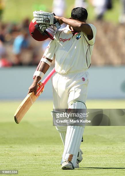 Shivnarine Chanderpaul of the West Indies leaves the field after his dismissal during day one of the Second Test match between Australia and the West...