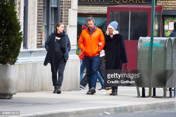Alexi Ashe, Seth Meyers and Hilary Meyers are seen in the West Village on March 27, 2018 in New York City.
