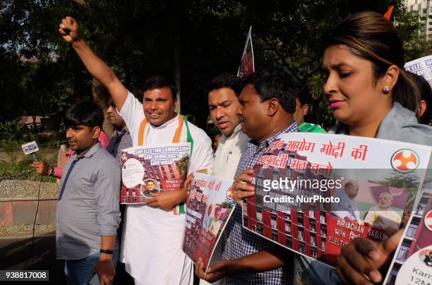 Indian Youth Congress members protest against Election Commission for allegedly leaking confidential details pertaining to the election dates of...
