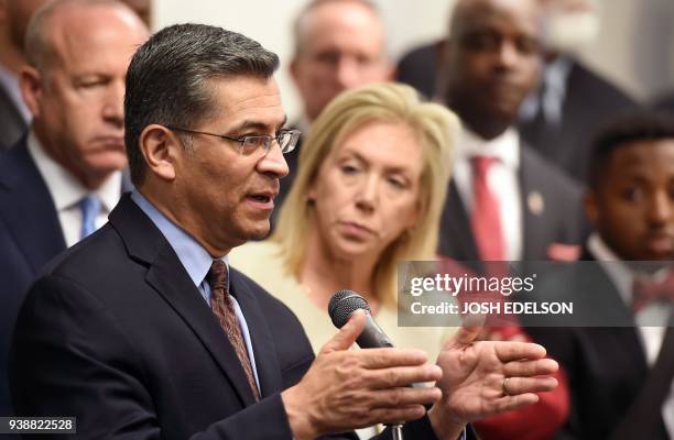 California Attorney General Xavier Becerra speaks to members of the media about the investigation of the shooting death of Stephon Clark in...