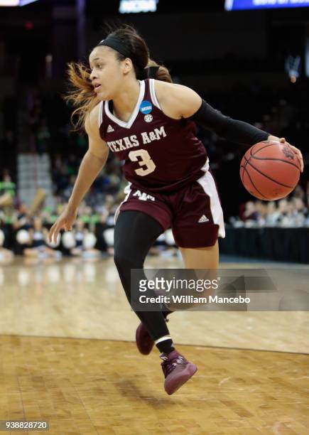 Chennedy Carter of the Texas A&M Aggies controls the ball against the Notre Dame Fighting Irish during the 2018 NCAA Division 1 Women's Basketball...