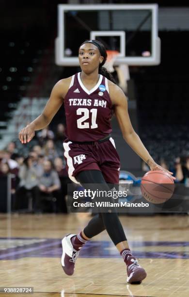 Jasmine Lumpkin of the Texas A&M Aggies controls the ball against the Notre Dame Fighting Irish during the 2018 NCAA Division 1 Women's Basketball...