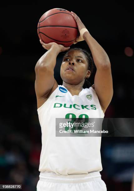 Oti Gildon of the Oregon Ducks takes a free throw against the Central Michigan Chippewas during the 2018 NCAA Division 1 Women's Basketball...