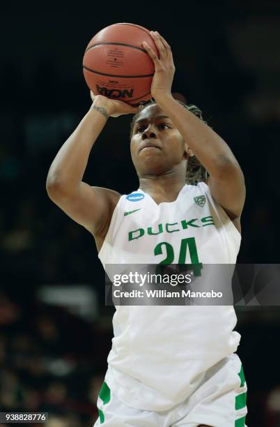 Ruthy Hebard of the Oregon Ducks takes a free throw against the Central Michigan Chippewas during the 2018 NCAA Division 1 Women's Basketball...