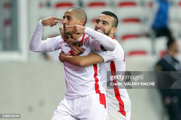 Tunisian forward Wahbi Khazri celebrates after scoring a goal during the friendly football match between Tunisia vs Costa Rica on March 27, 2018 at...