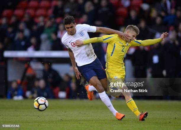 Dominic Calvert-Lewin of England U21 and Pavlo Lukyanchuk of Ukraine U21 in action during the U21 European Championship Qualifier match between...