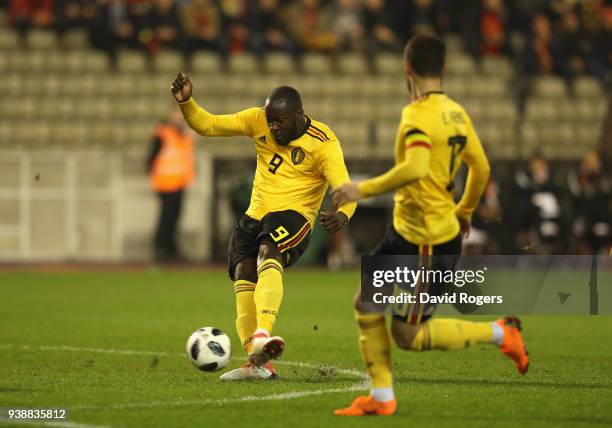 Romelu Lukaku of Belgium scores their first goal during the international friendly match between Belgium and Saudi Arabia at the King Baudouin...