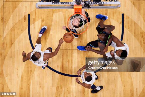 Aerial view of Dallas Mavericks Dorian Finney-Smith and J.J. Barea in action vs New Orleans Pelicans Rajon Rondo , E'Twaun Moore and Solomon Hill at...